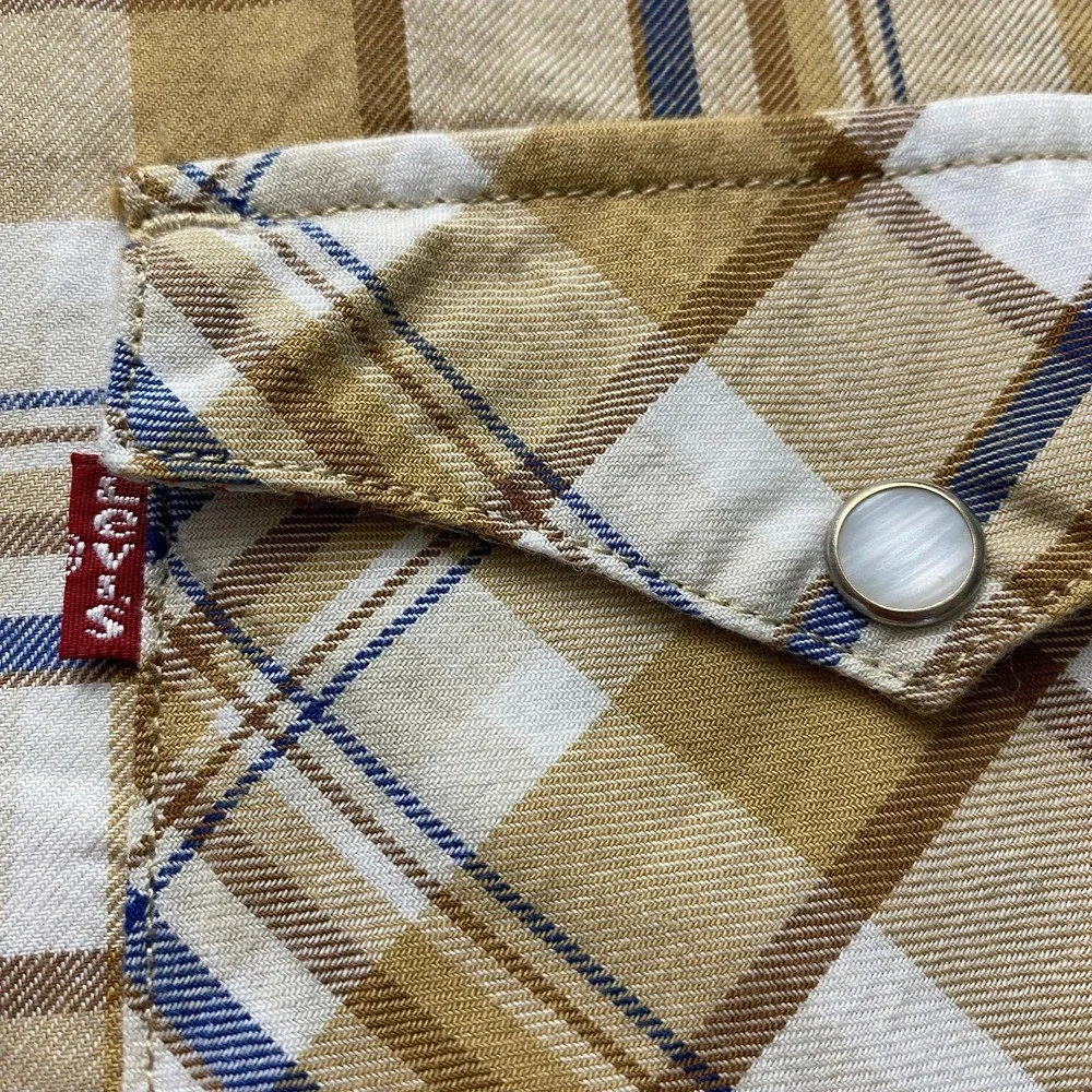 Levi's‎ Western Pearl Snap Shirt Men XXL Tan Plaid Button Up Cowboy Barn Rodeo